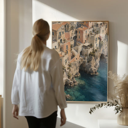 Stone houses canvas wall art showing cliffside Mediterranean village seen from above with turquoise sea below