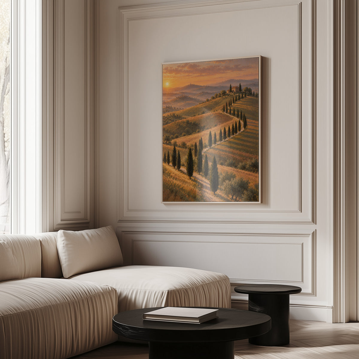 Sunset landscape canvas wall art showing cypress-lined road curving up to a Tuscan farmhouse at sunset