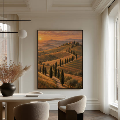 Cypress-lined road curving up to a Tuscan farmhouse at sunset, canvas print