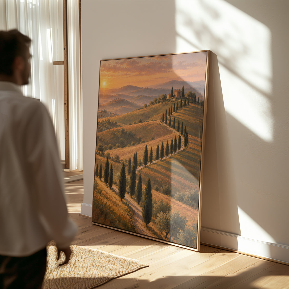 Tuscan sunset canvas wall art showing cypress-lined road curving up to a Tuscan farmhouse at sunset