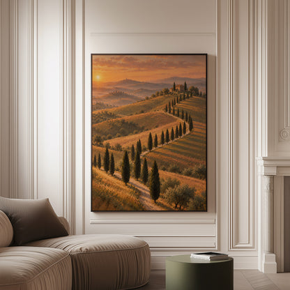 Val d orcia canvas wall art showing cypress-lined road curving up to a Tuscan farmhouse at sunset