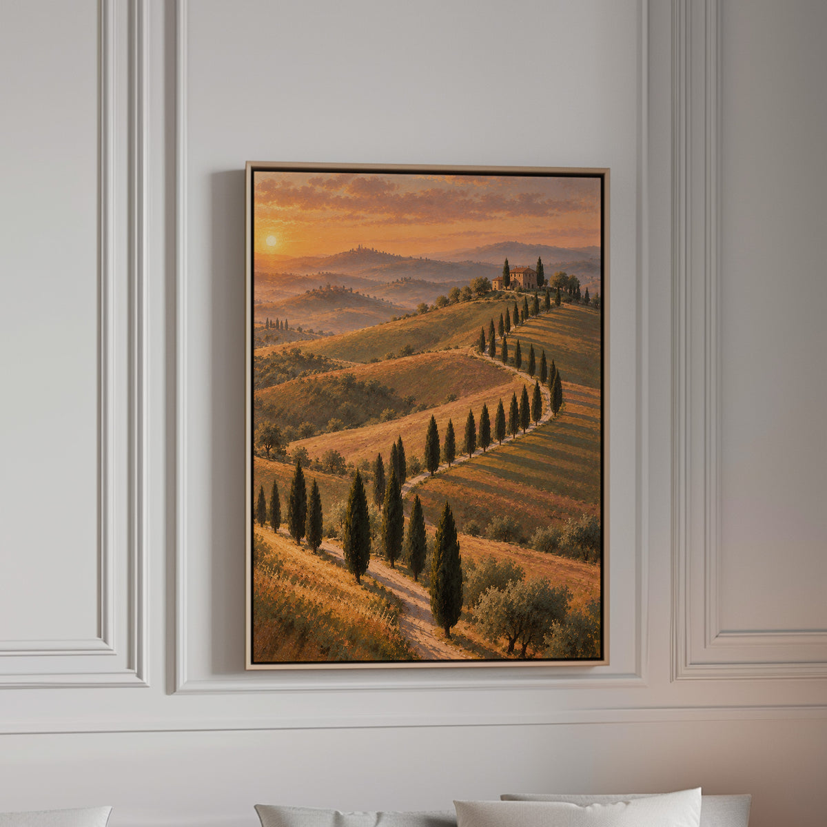 Cypress-lined road curving up to a Tuscan farmhouse at sunset, canvas wall art
