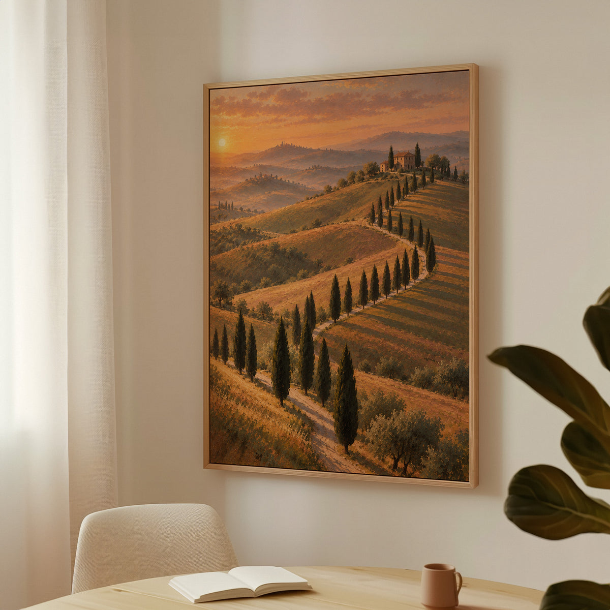 Cypress-lined road curving up to a Tuscan farmhouse at sunset, wall art print