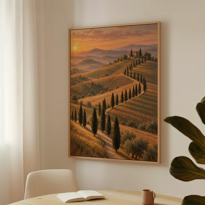 Cypress-lined road curving up to a Tuscan farmhouse at sunset, wall art print