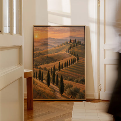 Travel canvas wall art showing cypress-lined road curving up to a Tuscan farmhouse at sunset