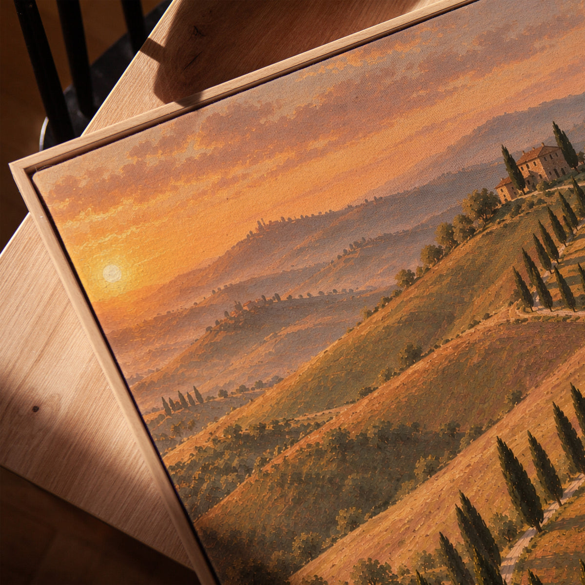 Cypress-lined road curving up to a Tuscan farmhouse at sunset, vertical canvas print