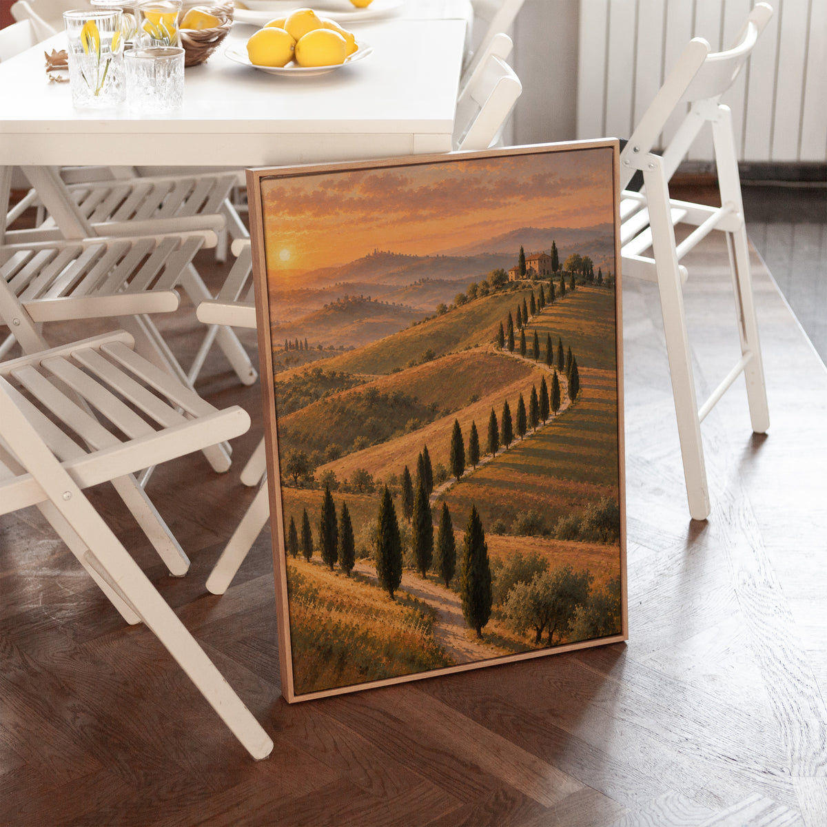 Tuscany canvas wall art showing cypress-lined road curving up to a Tuscan farmhouse at sunset