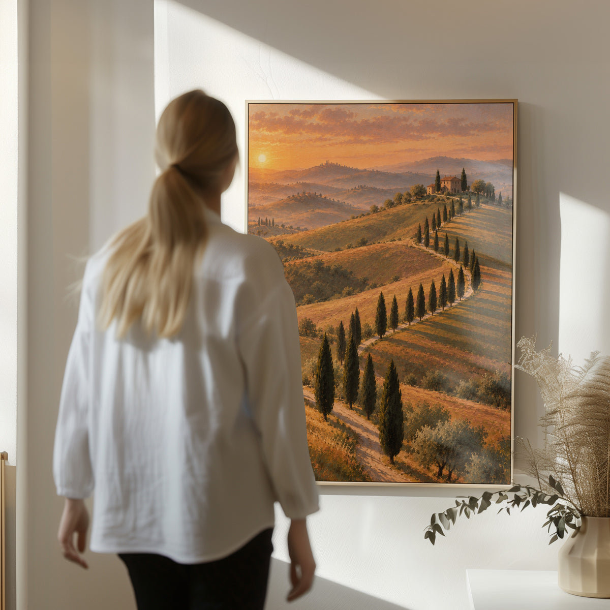 Cypress-lined road curving up to a Tuscan farmhouse at sunset, canvas art print