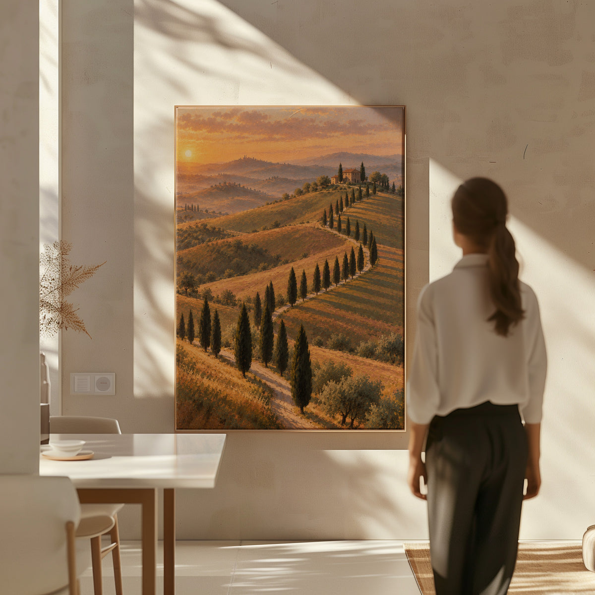 Italy canvas wall art showing cypress-lined road curving up to a Tuscan farmhouse at sunset