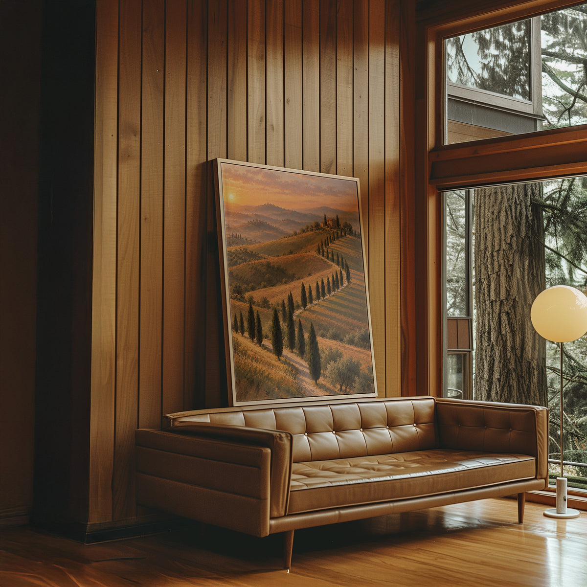 Golden hour canvas wall art showing cypress-lined road curving up to a Tuscan farmhouse at sunset