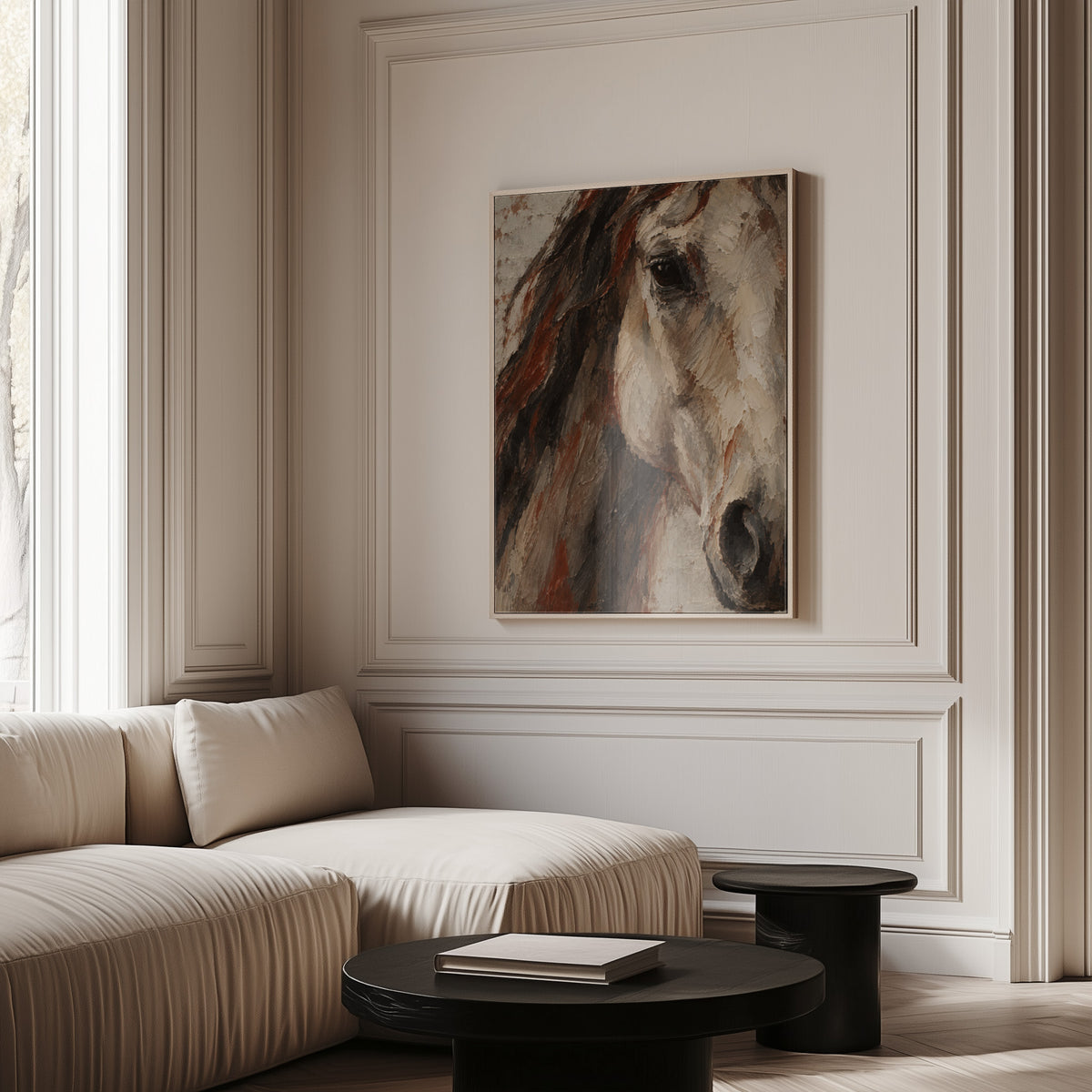 Close crop of a pale horse head with dark mane and one visible eye, wall art print