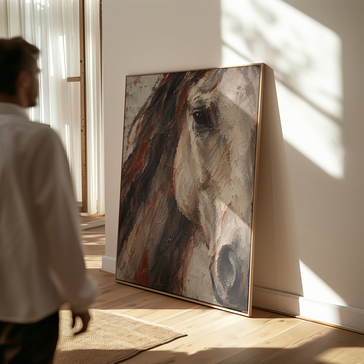 Farmhouse canvas wall art showing close crop of a pale horse head with dark mane and one visible eye