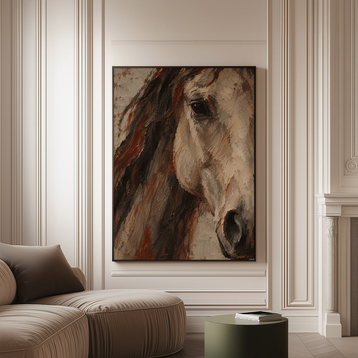 Western canvas wall art showing close crop of a pale horse head with dark mane and one visible eye