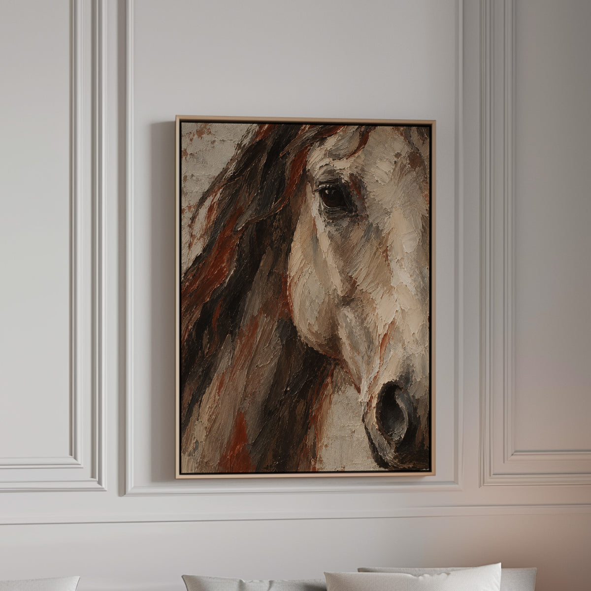 Close crop of a pale horse head with dark mane and one visible eye, canvas wall art