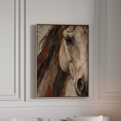 Close crop of a pale horse head with dark mane and one visible eye, canvas wall art