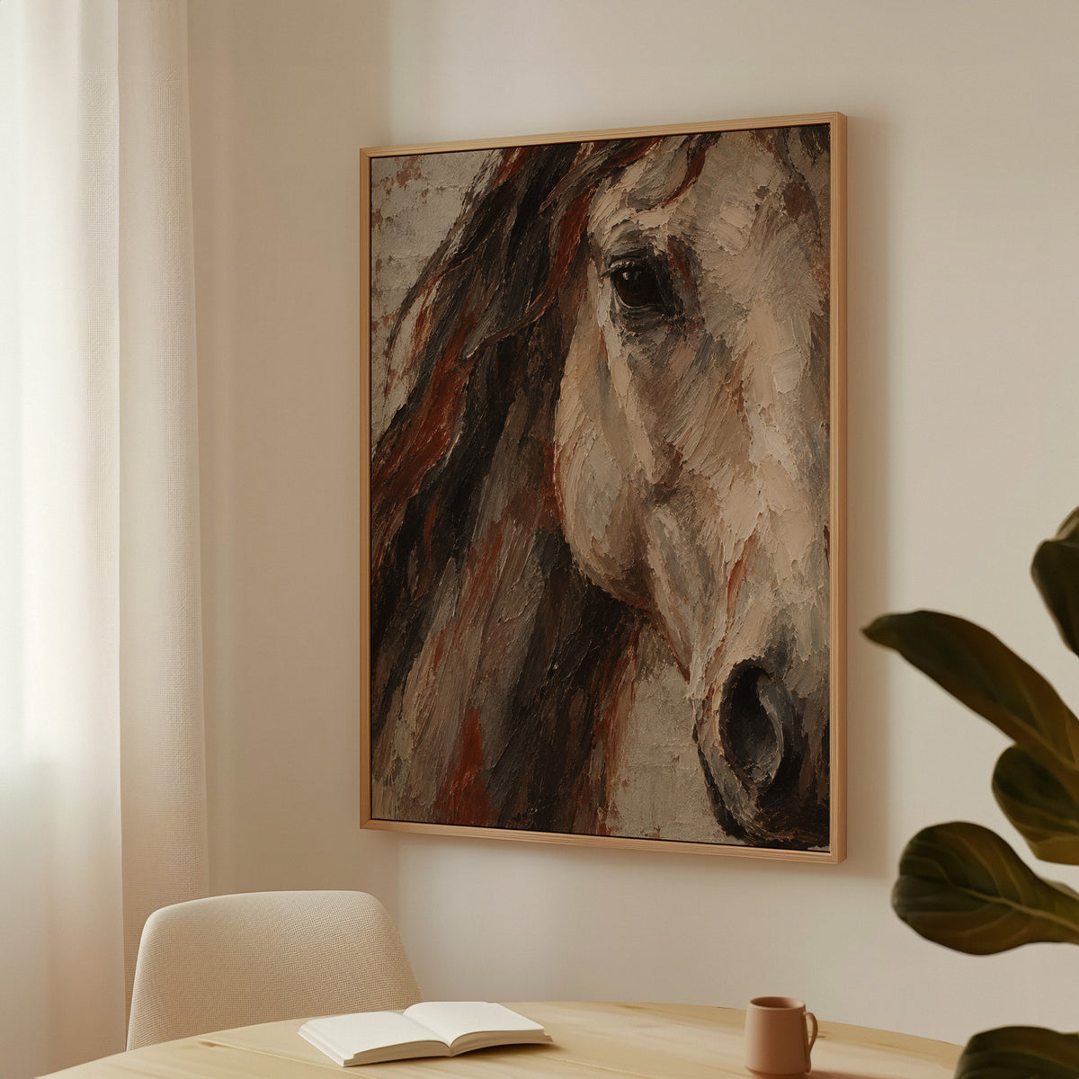 Horse canvas wall art showing close crop of a pale horse head with dark mane and one visible eye