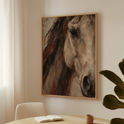 Horse canvas wall art showing close crop of a pale horse head with dark mane and one visible eye