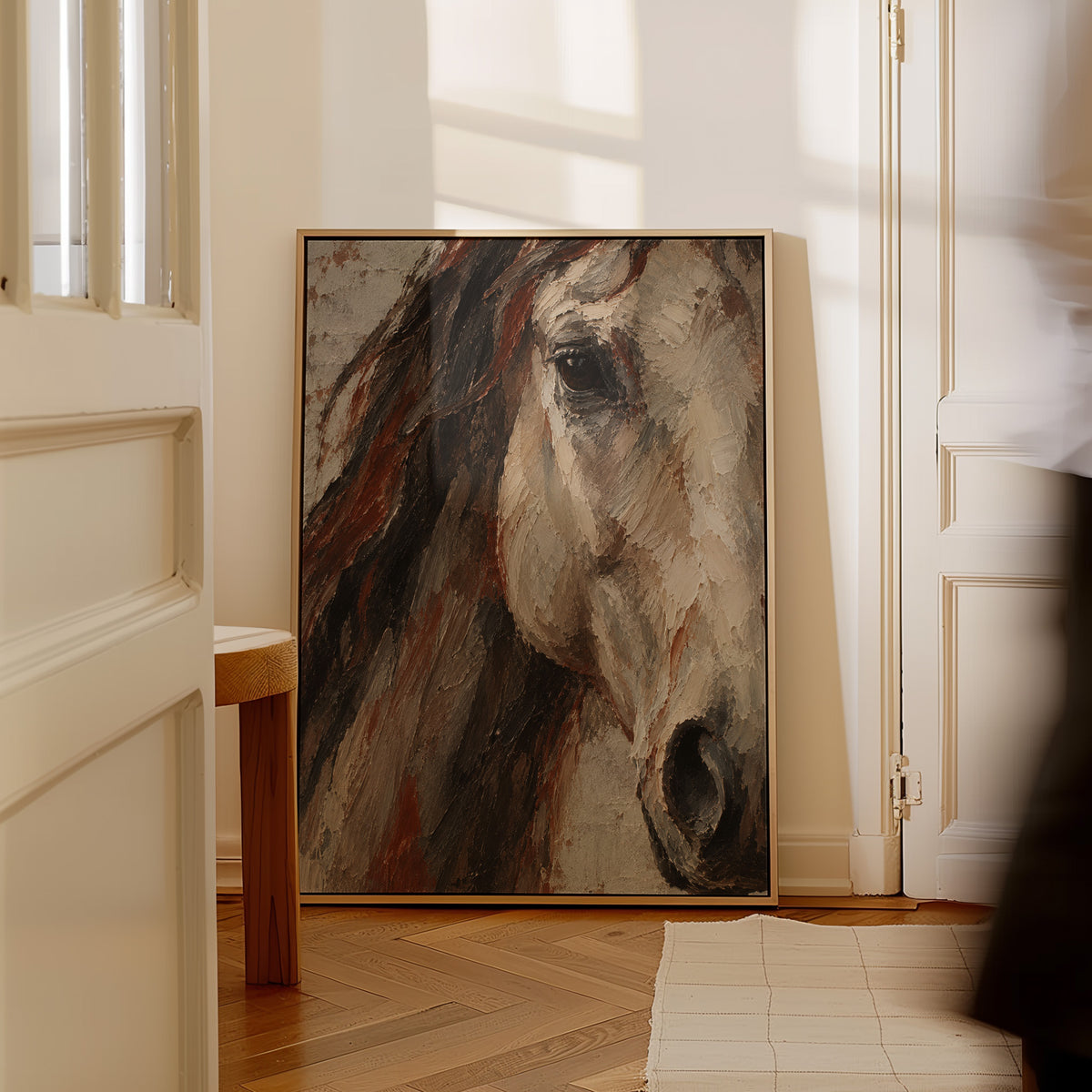 Horse portrait canvas wall art showing close crop of a pale horse head with dark mane and one visible eye