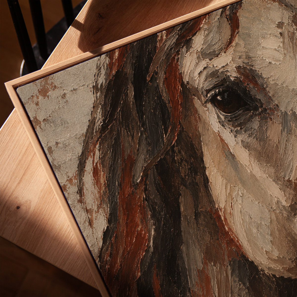 Close crop of a pale horse head with dark mane and one visible eye, vertical canvas print