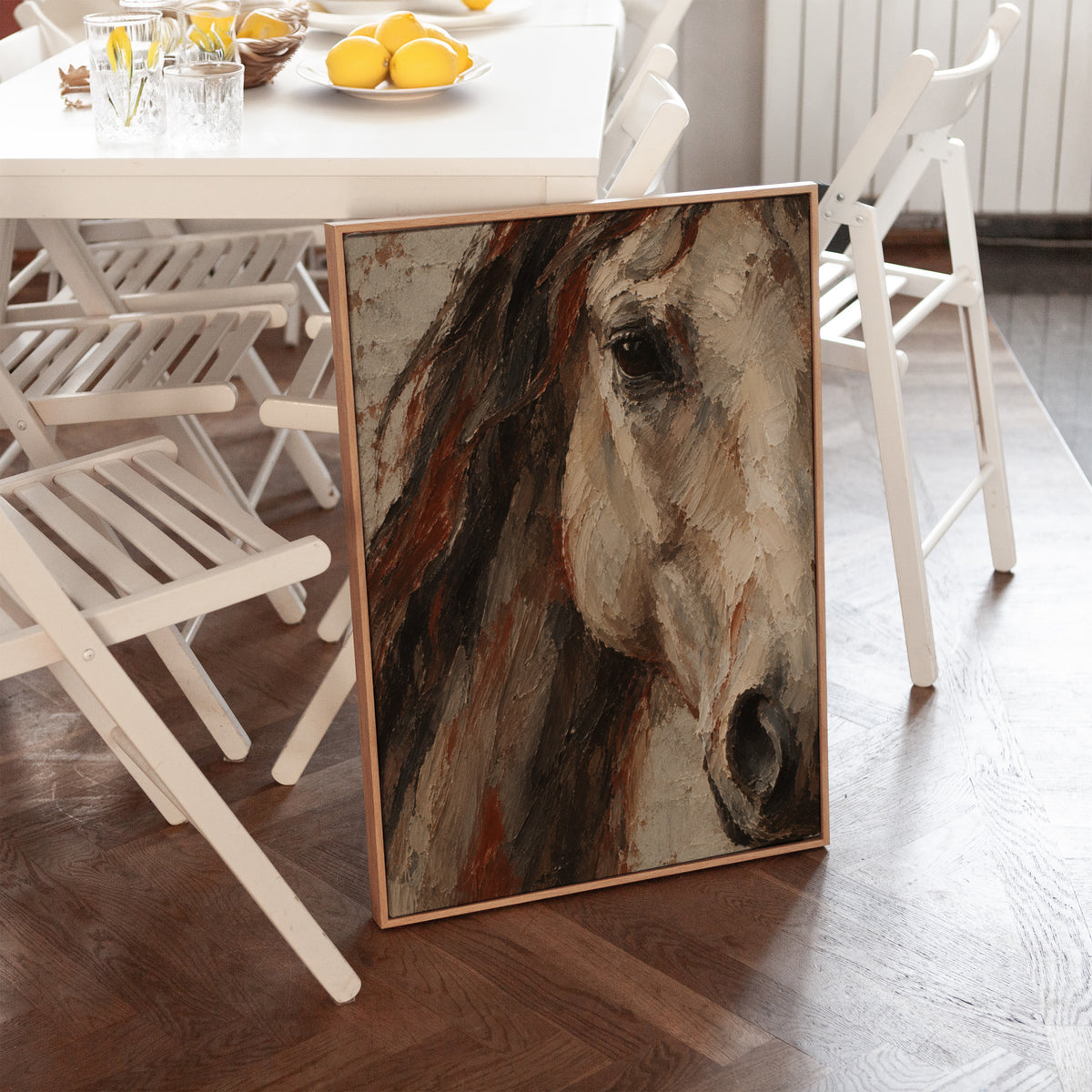 Close crop of a pale horse head with dark mane and one visible eye, canvas print
