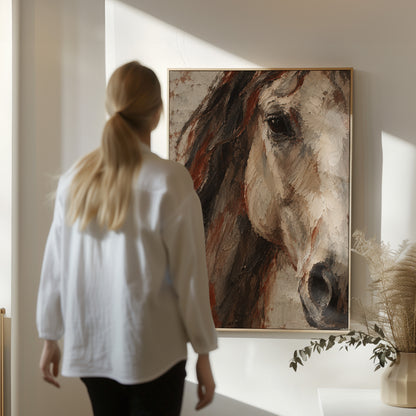 Horse head canvas wall art showing close crop of a pale horse head with dark mane and one visible eye