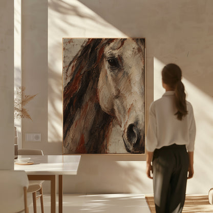 Palette knife canvas wall art showing close crop of a pale horse head with dark mane and one visible eye