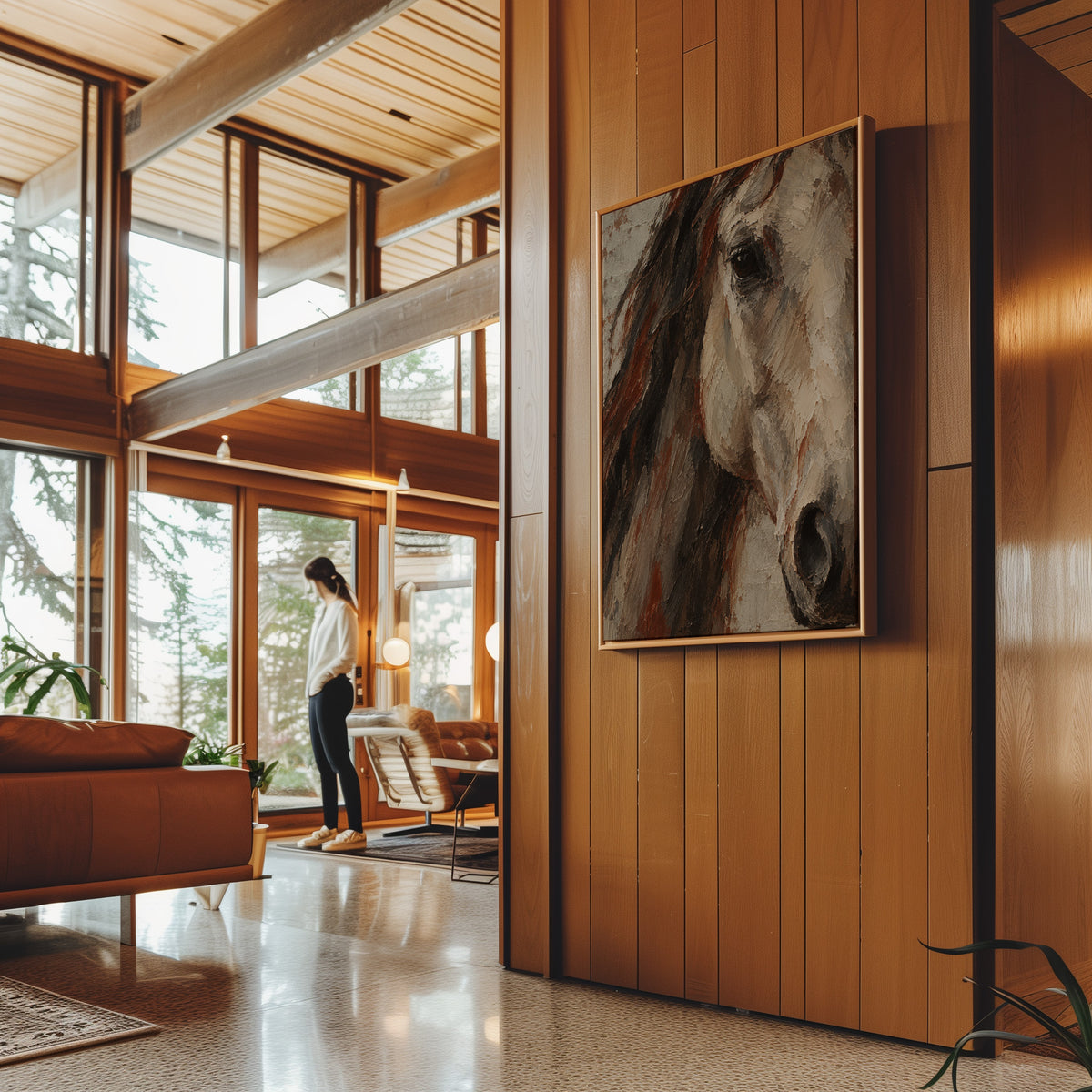 Close crop of a pale horse head with dark mane and one visible eye, horse vertical canvas print