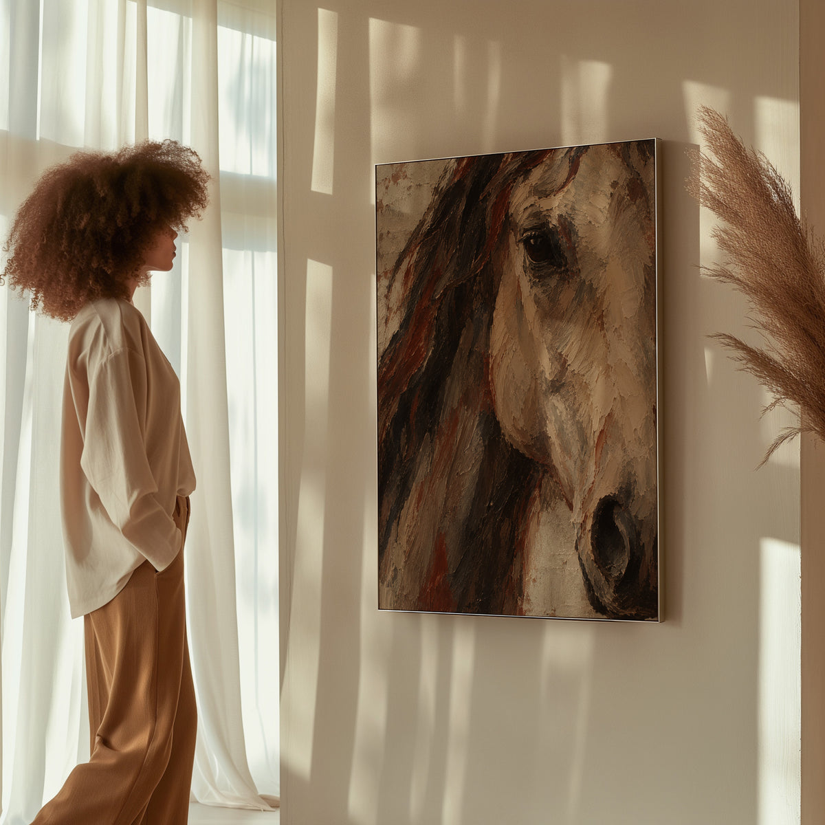 Neutral horse canvas wall art showing close crop of a pale horse head with dark mane and one visible eye