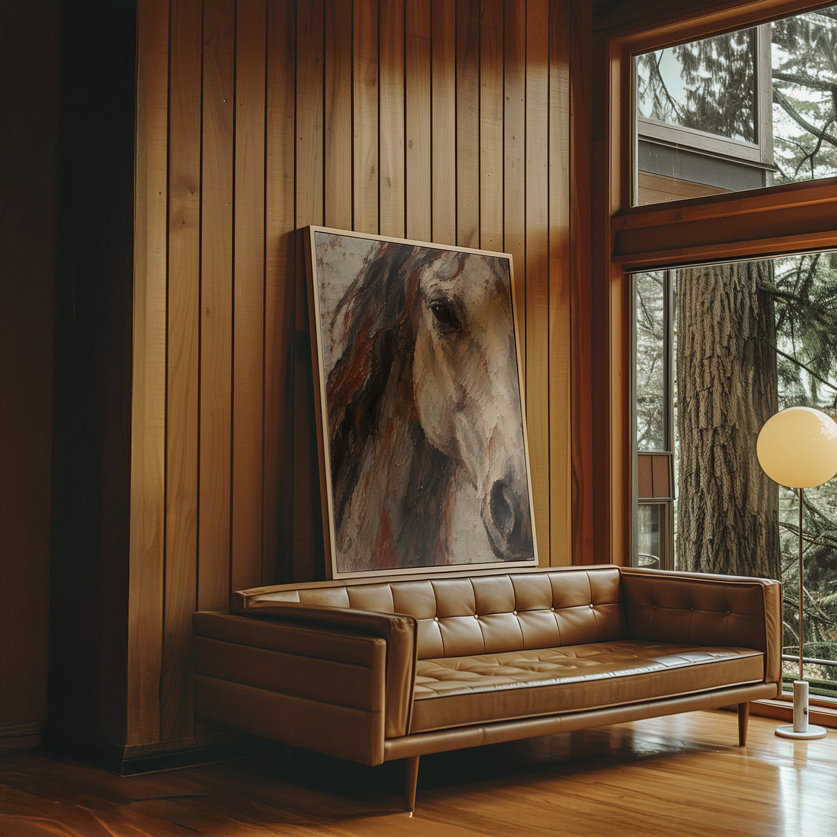 Close crop of a pale horse head with dark mane and one visible eye, canvas art print
