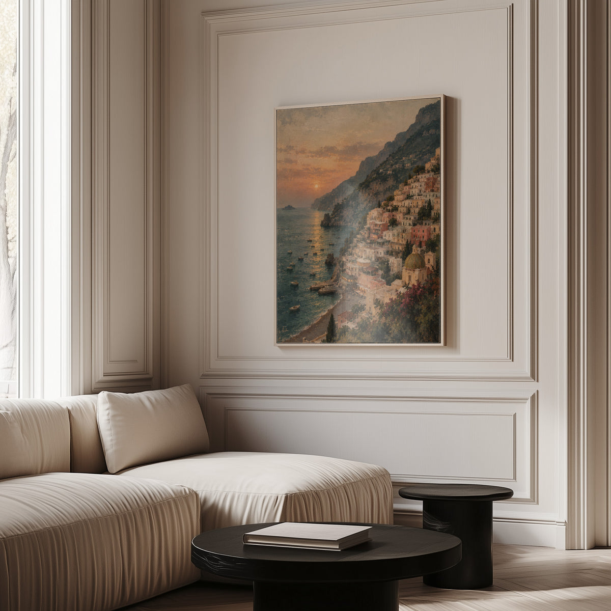 Positano climbing the Amalfi cliffs above a bay at sunset with small boats, canvas art print