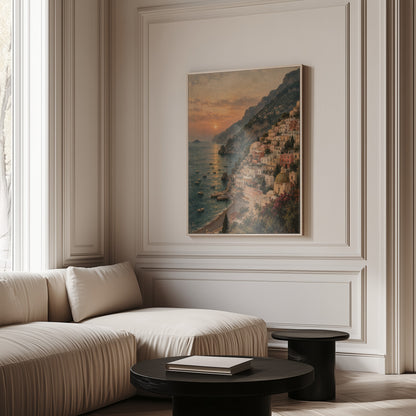 Positano climbing the Amalfi cliffs above a bay at sunset with small boats, canvas art print