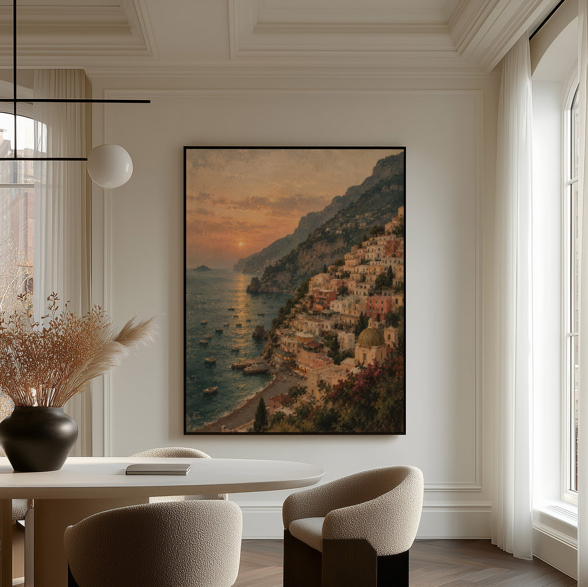 Positano canvas wall art showing positano climbing the Amalfi cliffs above a bay at sunset with small boats
