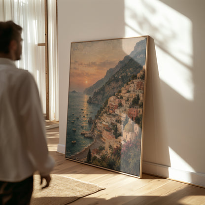 Sunset coastal canvas wall art showing positano climbing the Amalfi cliffs above a bay at sunset with small boats