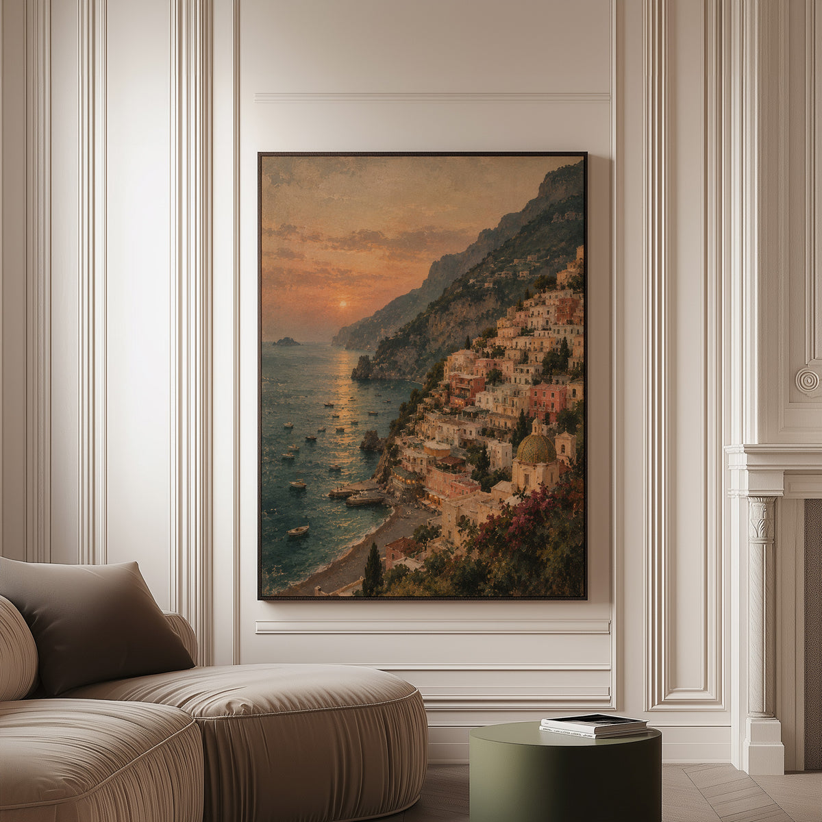 Amalfi coast canvas wall art showing positano climbing the Amalfi cliffs above a bay at sunset with small boats