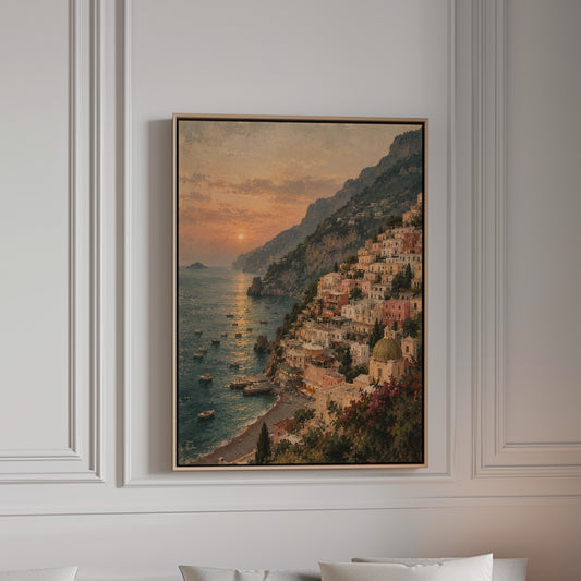 Positano climbing the Amalfi cliffs above a bay at sunset with small boats, canvas wall art
