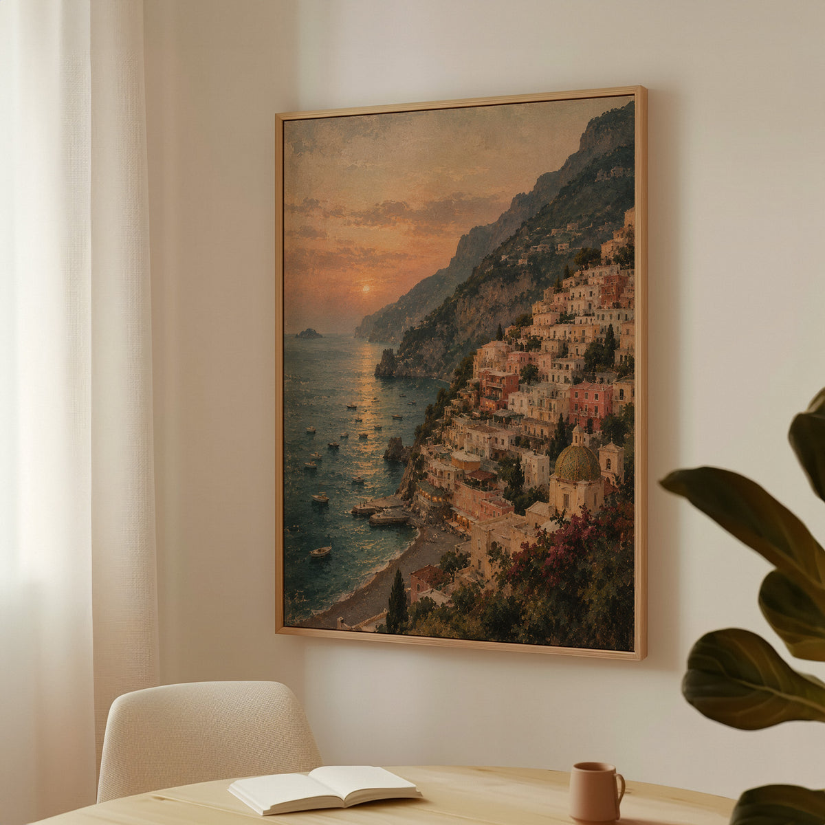 Italy canvas wall art showing positano climbing the Amalfi cliffs above a bay at sunset with small boats