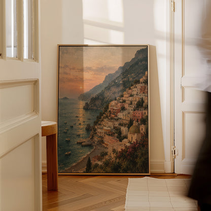 Positano climbing the Amalfi cliffs above a bay at sunset with small boats, canvas print