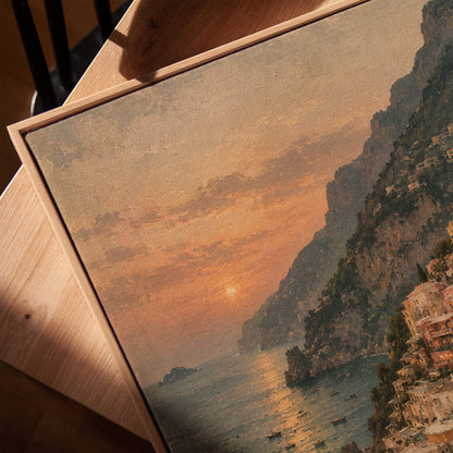 Positano climbing the Amalfi cliffs above a bay at sunset with small boats, vertical canvas print