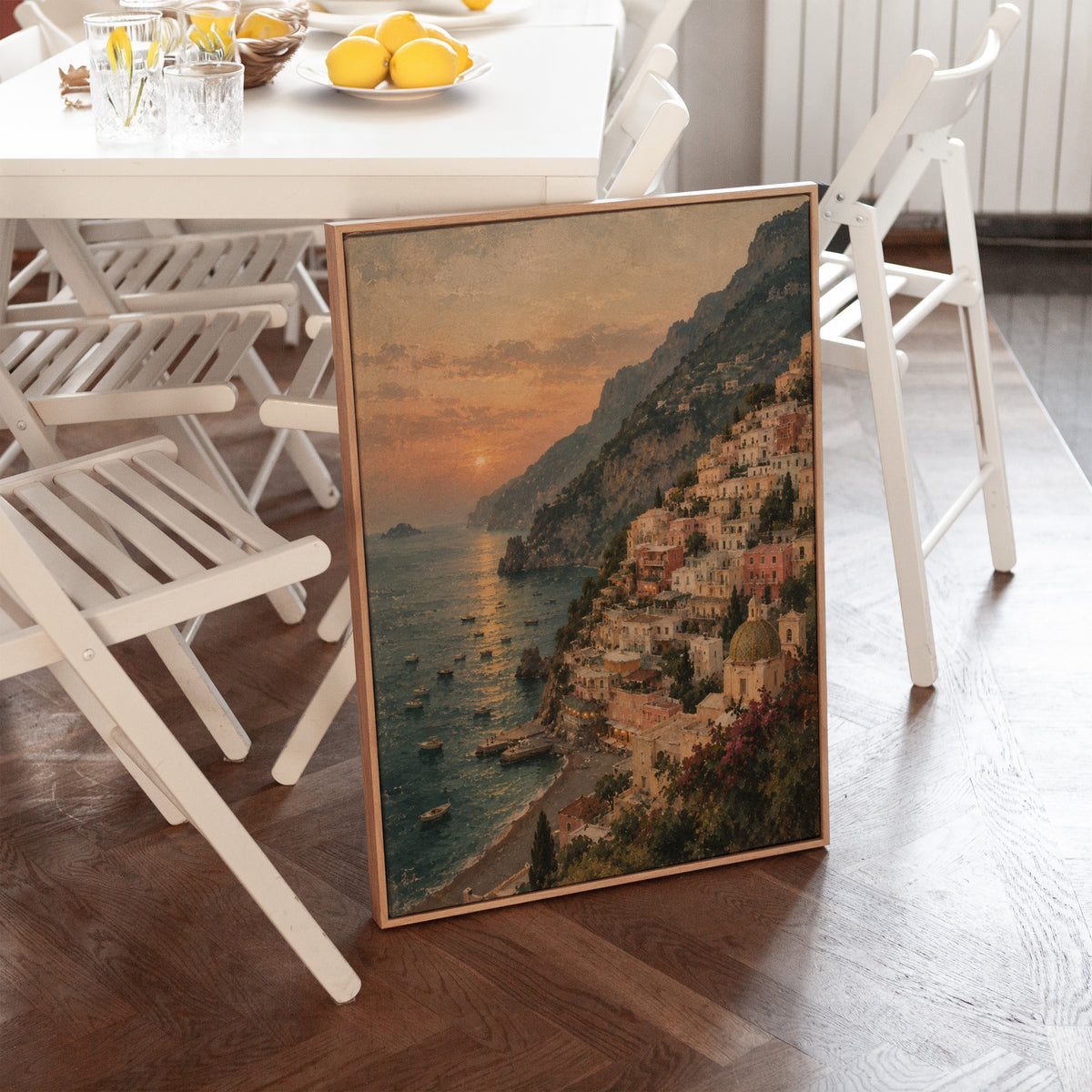 Italian canvas wall art showing positano climbing the Amalfi cliffs above a bay at sunset with small boats
