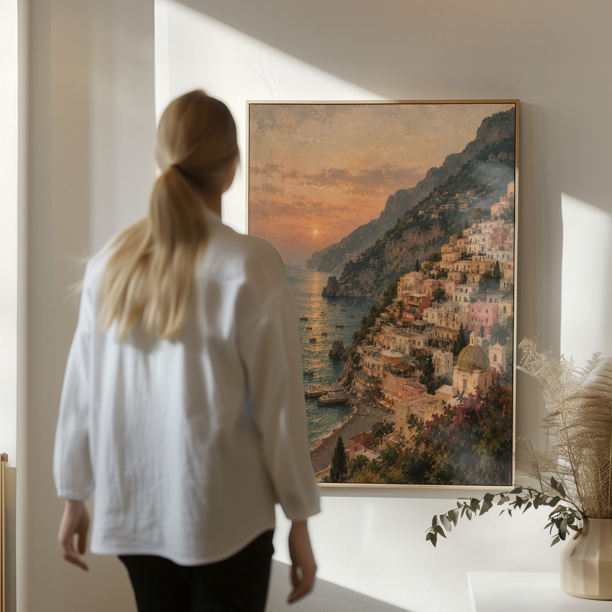 Golden sunset canvas wall art showing positano climbing the Amalfi cliffs above a bay at sunset with small boats