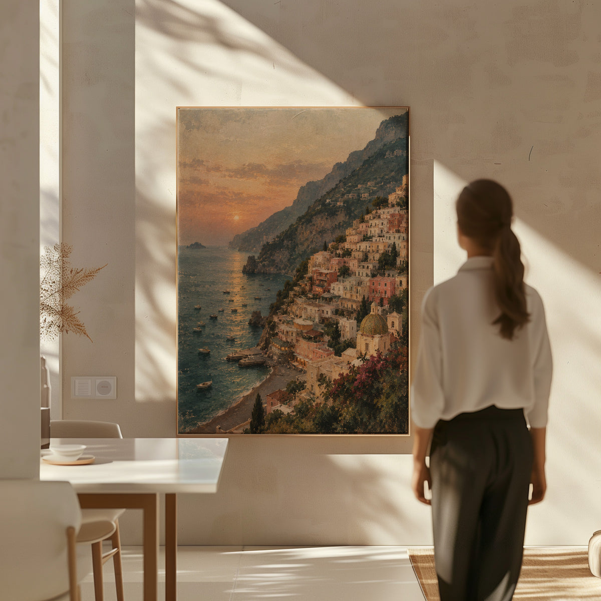 Mediterranean canvas wall art showing positano climbing the Amalfi cliffs above a bay at sunset with small boats
