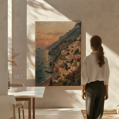 Mediterranean canvas wall art showing positano climbing the Amalfi cliffs above a bay at sunset with small boats
