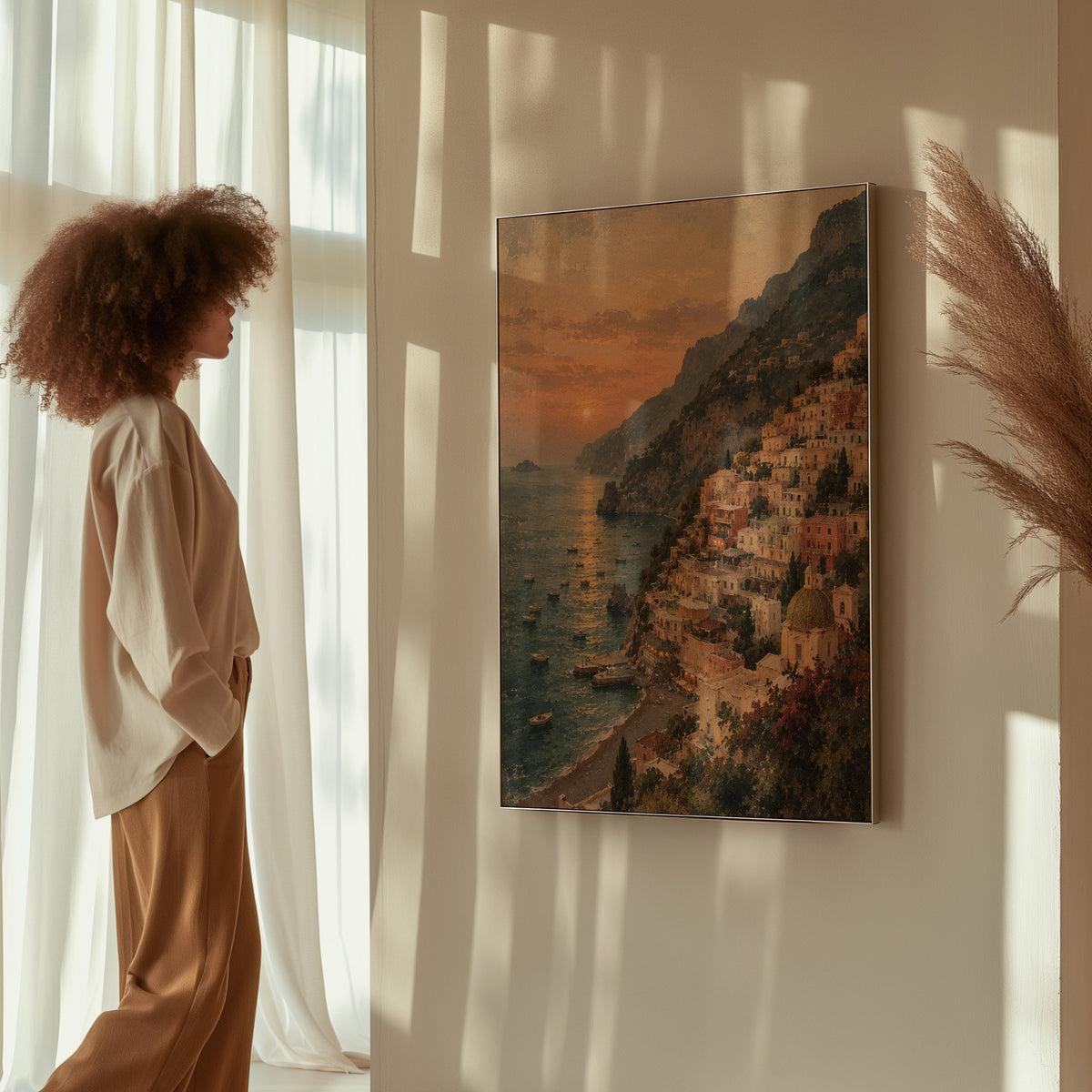 Travel canvas wall art showing positano climbing the Amalfi cliffs above a bay at sunset with small boats