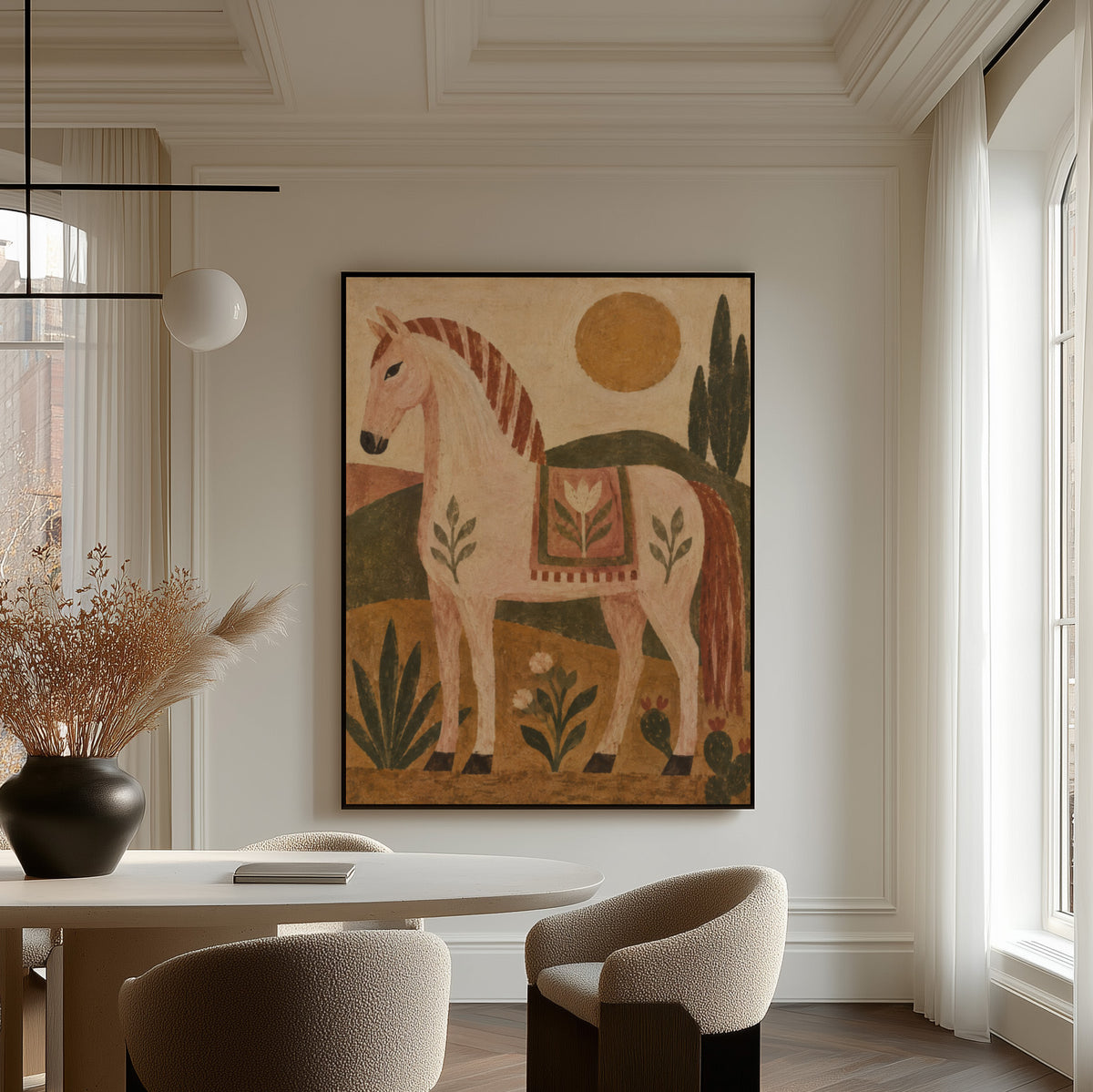 Naive folk pink horse in profile with a patterned saddle blanket, canvas print