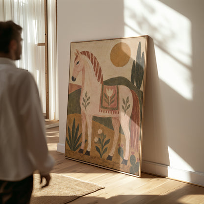 Naive folk pink horse in profile with a patterned saddle blanket, folk horse vertical canvas print