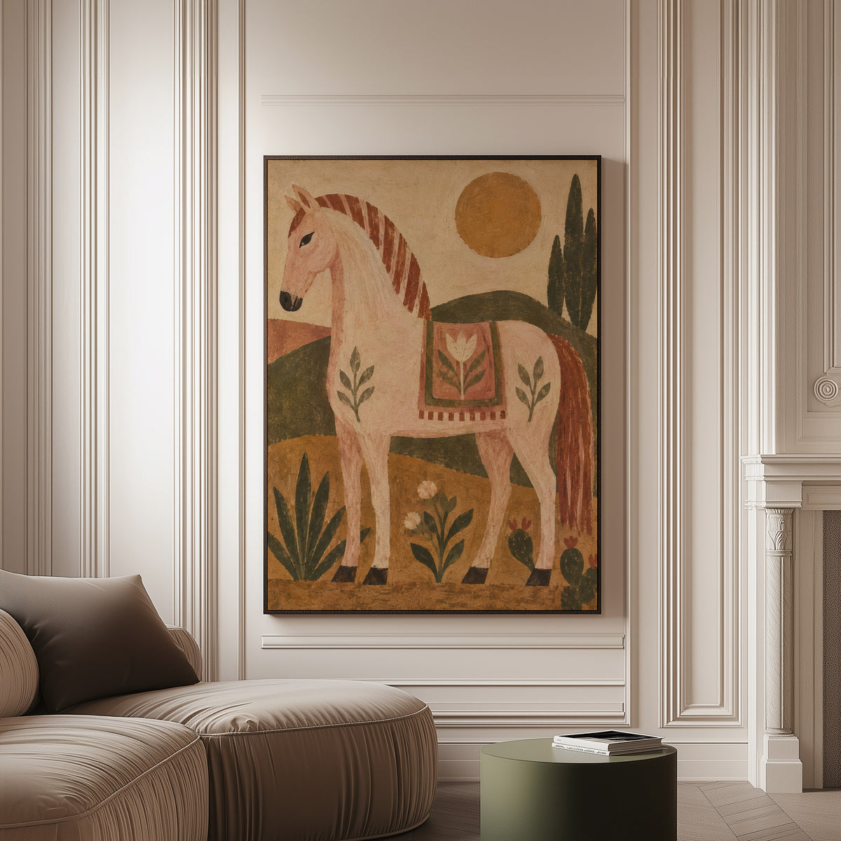 Folk animal canvas wall art showing naive folk pink horse in profile with a patterned saddle blanket