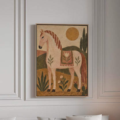 Naive folk pink horse in profile with a patterned saddle blanket, canvas wall art