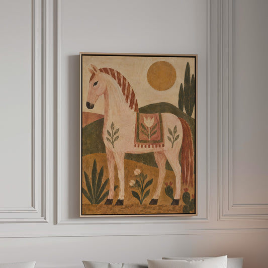 Naive folk pink horse in profile with a patterned saddle blanket, canvas wall art