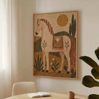 Kids room canvas wall art showing naive folk pink horse in profile with a patterned saddle blanket