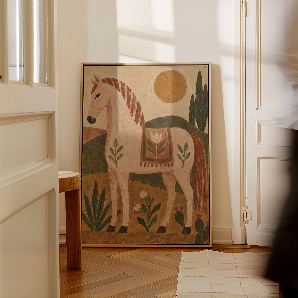 Horse canvas wall art showing naive folk pink horse in profile with a patterned saddle blanket